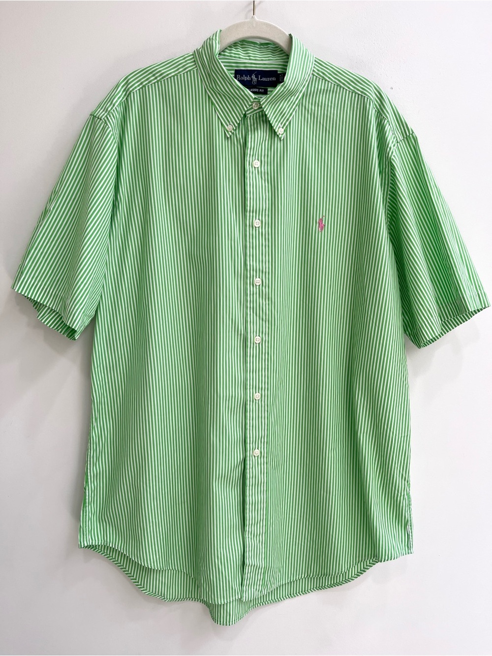 Vintage Ralph Lauren Men’s Green White Striped Button Down Shirt Pink Pony Large